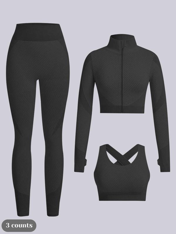 Three-Piece Set Women's Colorblock Zipper Crop Top & High Waist Leggings & Bra Set, High Stretch Seamless Shapewear Set, Tummy Control Shapewear Set for Women Shaper Clothes