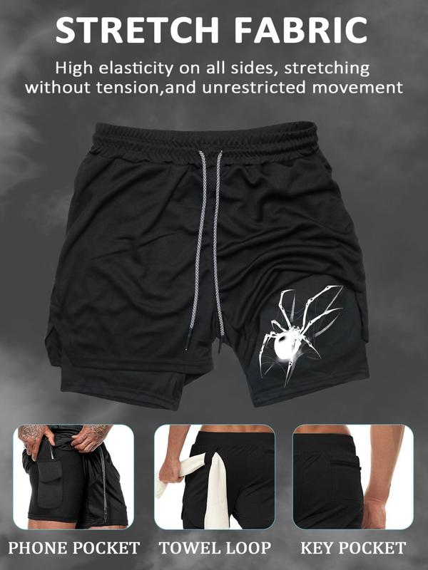 Men's Regular Fit 2 in 1 Spider Print Drawstring Sports Shorts, Gym Shorts, Casual Pocket Elastic Waist Track Shorts, Sport & Outdoor Clothing for Men