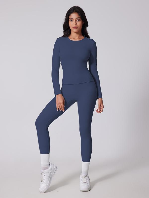 Women's Solid Long Sleeve Tee & High Waist Leggings Tracksuit Set, Sporty Breathable Comfy for Yoga Gym Workout Running, Ladies Sportswear for Fall & Winter