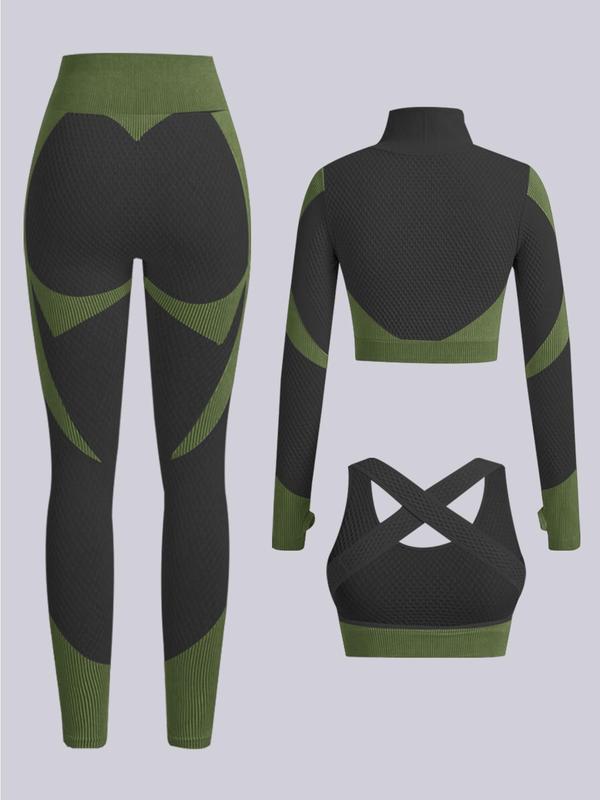 Three-Piece Set Women's Colorblock Zipper Crop Top & High Waist Leggings & Bra Set, High Stretch Seamless Shapewear Set, Tummy Control Shapewear Set for Women Shaper Clothes