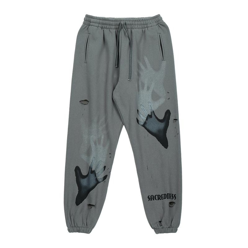 Niepce Streetwear Ripped Sweatpants Grey Green Ghost Hands Graphic Jogger Pants