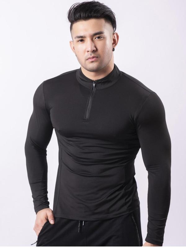 Men's Slim Fit Zip Stand Collar Compression Shirt, Quick Drying Long Sleeve Sauna T-shirt,  Summer Clothes Top for Athletic Running Gym Workout