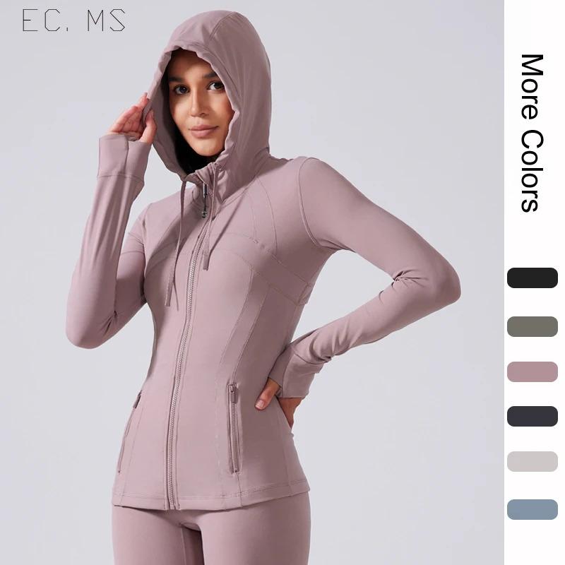 Women Define Jacket with Pockets Hooded Thumbholes Zipper Flex Slim Yoga Riding Running Exercise Sport Top