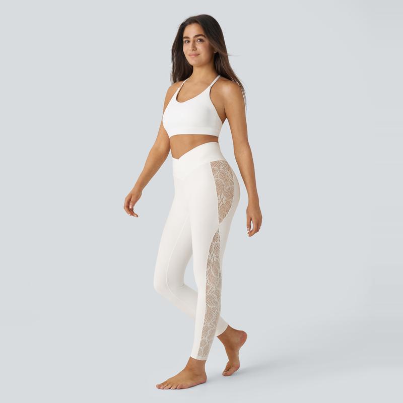 Halara Softlyzero™ High Waisted Crossover Contrast Lace Yoga 7 8 Leggings-UPF50+