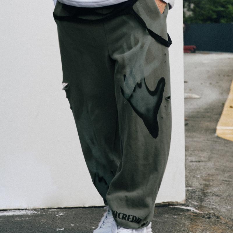 Niepce Streetwear Ripped Sweatpants Grey Green Ghost Hands Graphic Jogger Pants