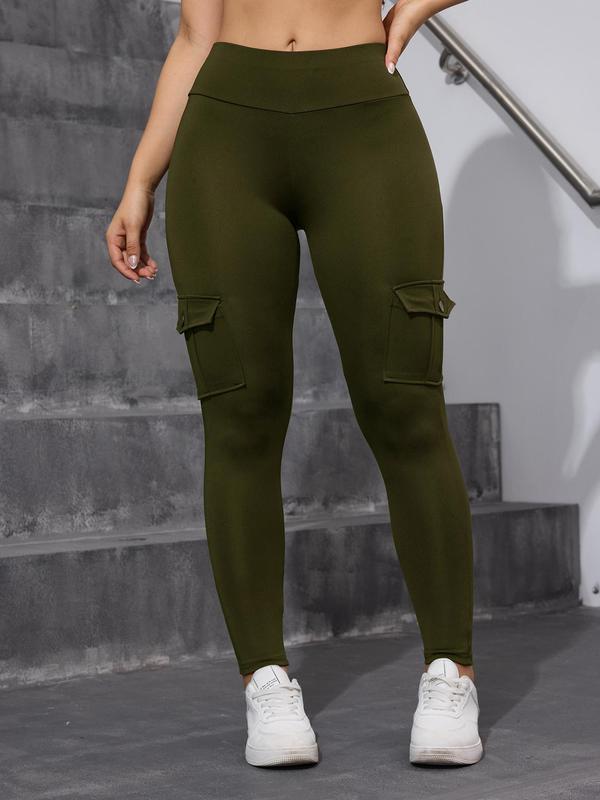 Women's Solid High Waist Pocket Sports Leggings, Sporty Comfy Breathable Skinny Pants for Yoga Gym Workout Running, Ladies Sportswear for All Seasons