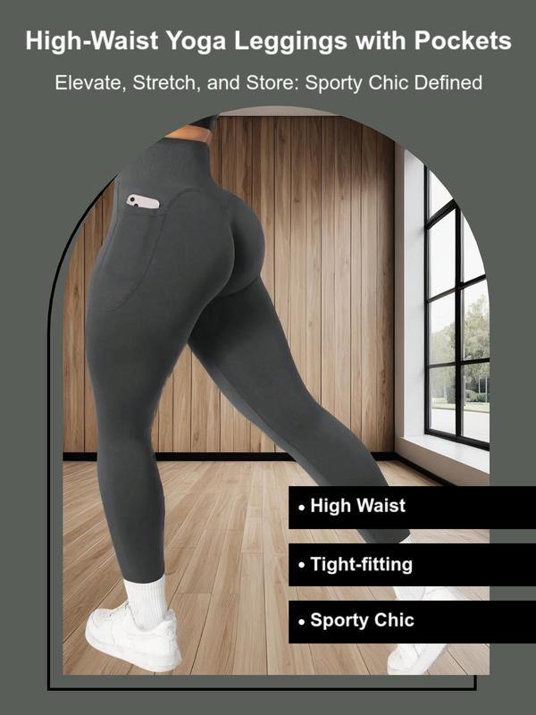 Women's Solid High Waist Pocket Sports Leggings, Gym Clothes, Fall Outfits, Sporty Comfy Breathable Skinny Tummy Control Pants for Yoga Gym Workout Running, Ladies Sportswear for Fall Black Girl Outfits