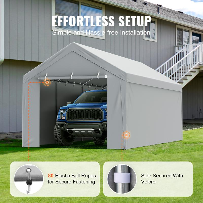 VEVOR Carport Replacement Canopy Cover Top + Side Wall 10 x 20 ft, Garage Tent Shelter Tarp Heavy-Duty Waterproof & UV Protected, Easy Installation with Ball Bungees,White (Frame Not Included)