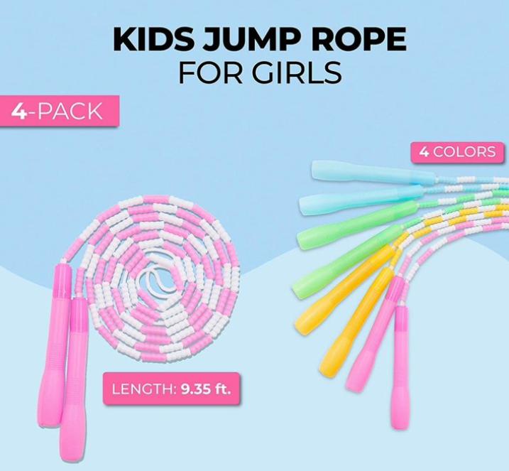 4 Pack Beaded Jump Rope for Kids – Starter Skipping Rope for Fitness Girls Exercise Workouts (4 Colors, 9.2 Feet)