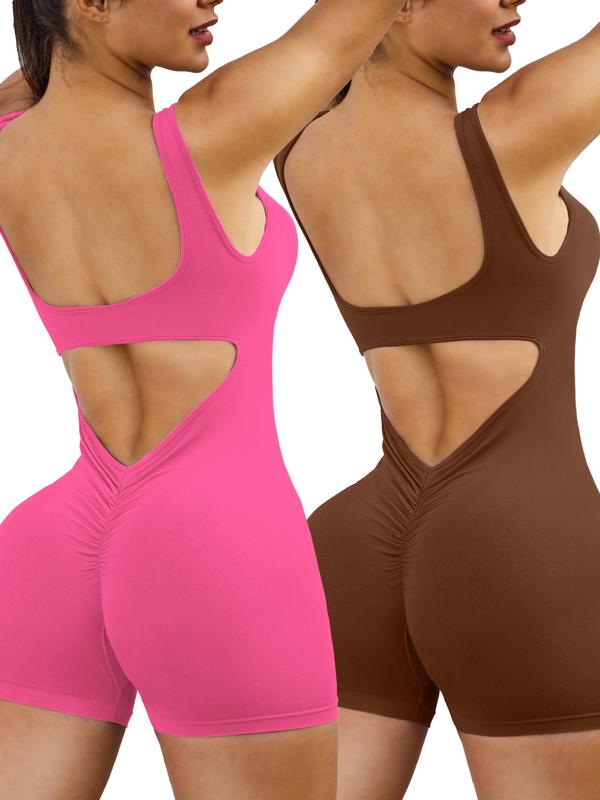 Women's Solid Cut Out Backless Ruched Sports Romper, Scoop Neck Sleeveless Bodycon Romper for Yoga Gym Workout, Ladies Sportswear for All Seasons, Tummy Control