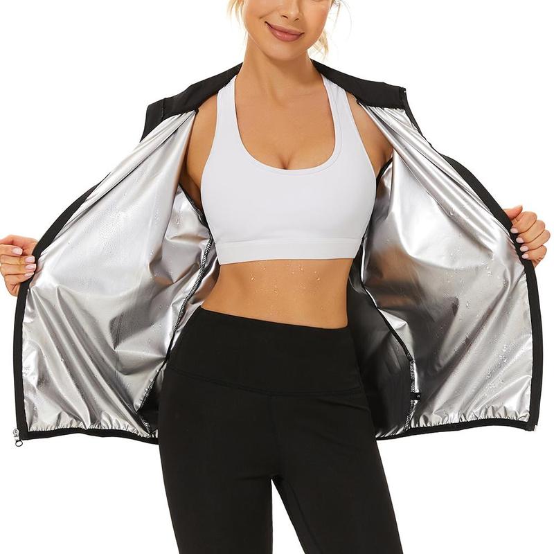 Women's Sauna Suit Designed for Maximum Heat and Sweat, featuring Reflective Silver Logo, Zippered Long Sleeves, and Pleated Details for a Secure and Comfortable Fit - Optimal for Weight Loss and Fitness Goals