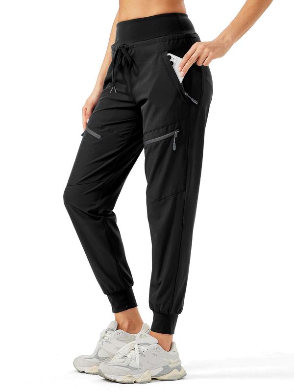 Women's Solid Drawstring Waist Zipper Pocket Joggers, Lightweight High Waist Zipper Hiking Pants, Sports Outdoor Bottoms, Quick Dry Travel Athletic Pants