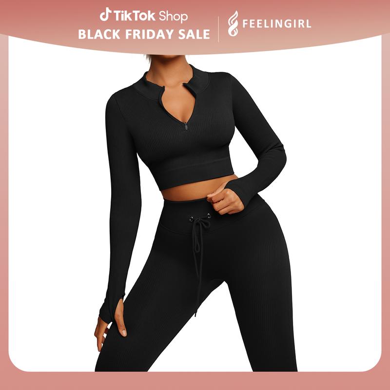 FeelinGirl Seamless Long Sleeve Sportswear Set Workout Set Crop Top  Leggings