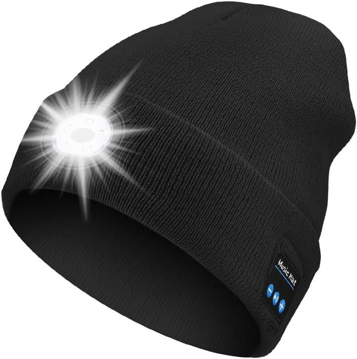 Bluetooth Beanie with LED Headlights & Removable Speakers, USB Rechargeable Knit Warm Winter Hat Balaclava Hat for Music and Calling Sport, Outdoor, Unisex Thanksgiving Gift