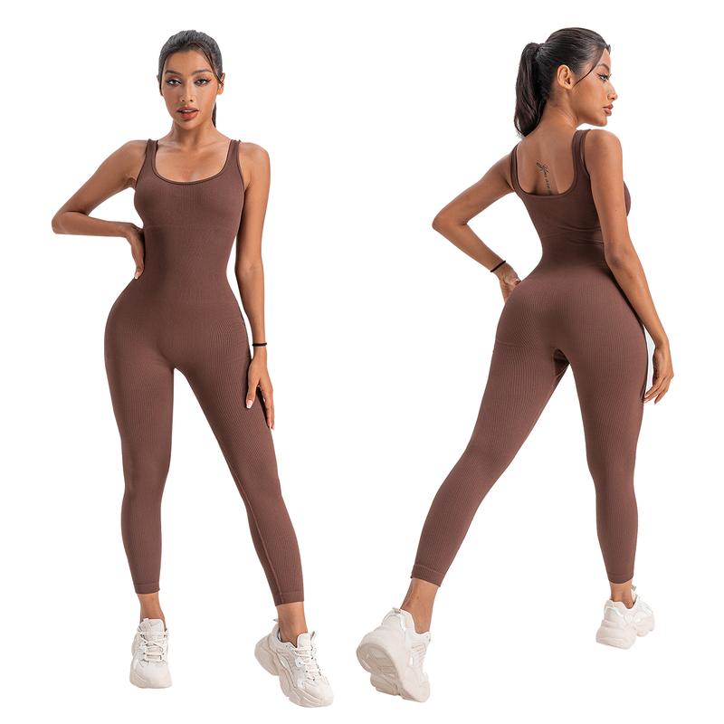 Women's Seamless Ribbed Square Neck Jumpsuit - One Piece Sleeveless Romper for Yoga, Workout, and Sexy Tank Top