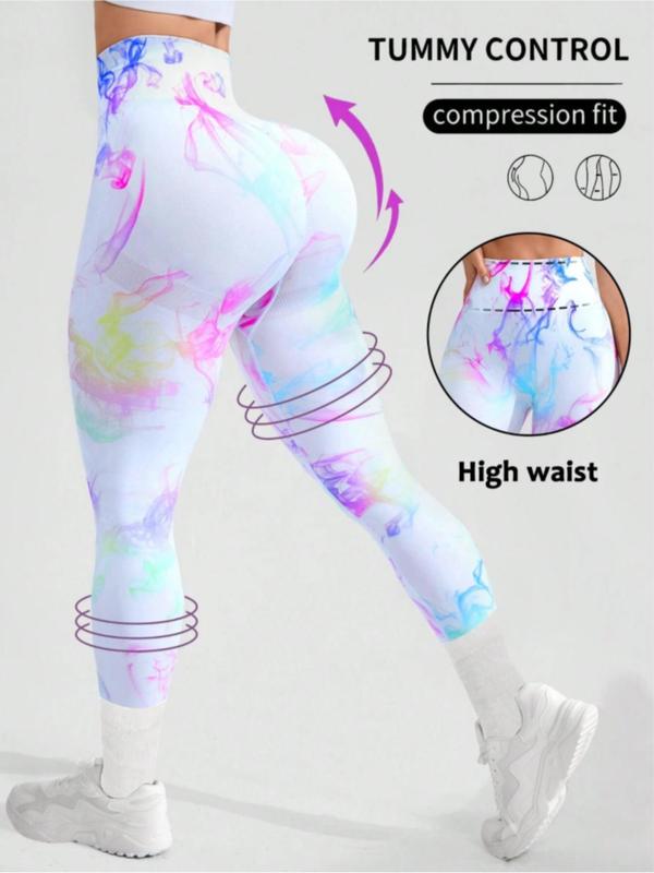 Women's Tie Dye Print High Waist Sports Leggings, Casual Comfy Breathable Seamless Skinny Tummy Control Pants for Yoga Gym Workout Running, Ladies Sportswear for Spring & Fall