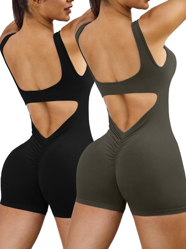 Women's Solid Cut Out Backless Ruched Sports Romper, Scoop Neck Sleeveless Bodycon Romper for Yoga Gym Workout, Ladies Sportswear for All Seasons, Tummy Control