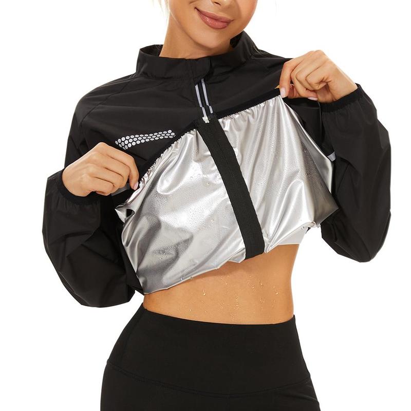 Women's Sauna Suit Designed for Maximum Heat and Sweat, featuring Reflective Silver Logo, Zippered Long Sleeves, and Pleated Details for a Secure and Comfortable Fit - Optimal for Weight Loss and Fitness Goals