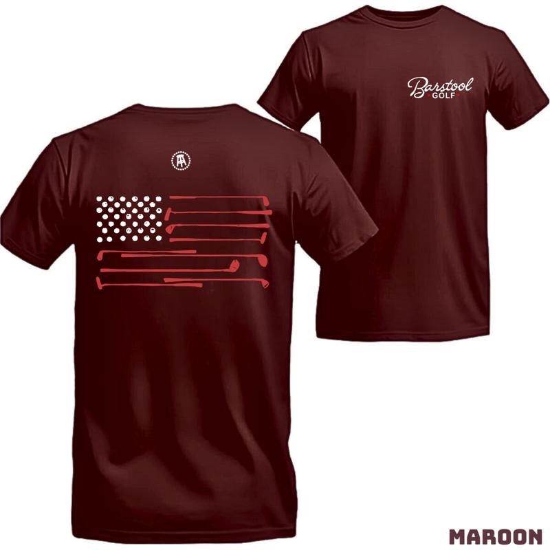 Barstool Golf T-Shirt - American Flag with Golf Clubs Graphic, Energetic Style, Ideal for Fans of Golf and Classic American Look. Menswear