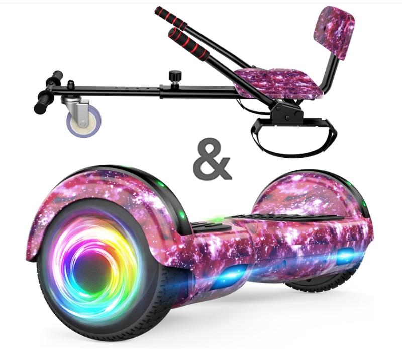 SISIGAD Hoverboard with Seat Attachment, 6.5'' Self Balancing Hoverboards Go Kart with Bluetooth and LED Lights, Star Purple Scooter with Seat Attachment Combo