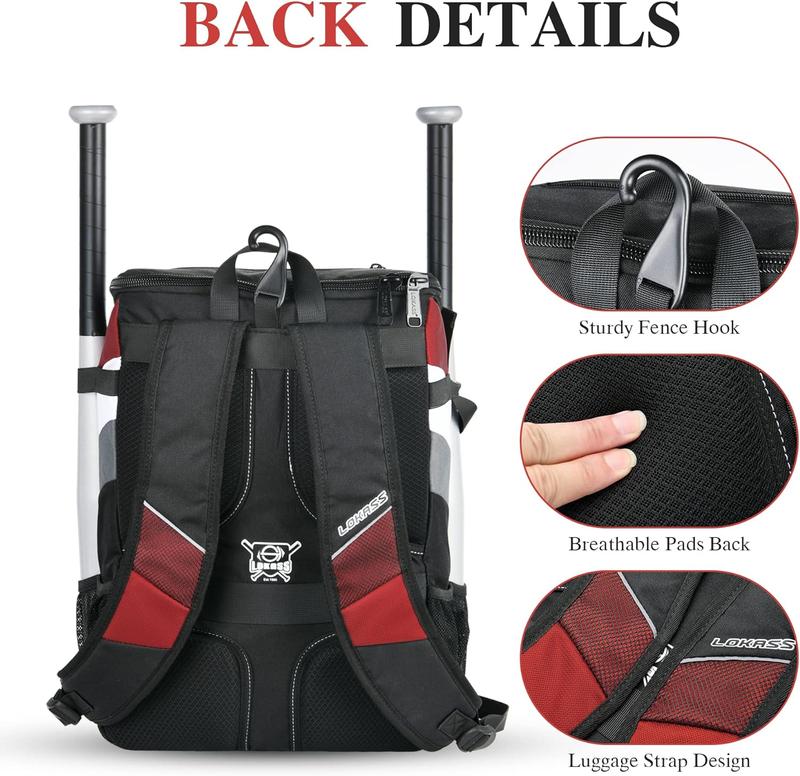 Baseball Bag for Adult and Youth, Large Capacity Bat Bag Lightweight Softball Bag with Shoe Compartment and Fence Hook for TBall Bat & Equipment, Waterproof Baseball Backpack for Helmet, Gloves