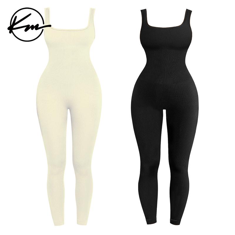 KatchMe Womenswear Solid Color U Neck Seamless Shaping Jumpsuit,Plain Sleeveless Tank,Tummy Control Butt-Lifting Shapewear,Slim-Fitting Sportswear