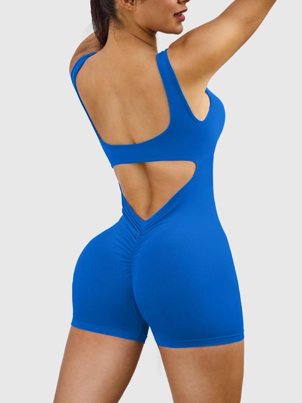 Women's Solid Cut Out Backless Ruched Sports Romper, Scoop Neck Sleeveless Bodycon Romper for Yoga Gym Workout, Ladies Sportswear for All Seasons, Tummy Control