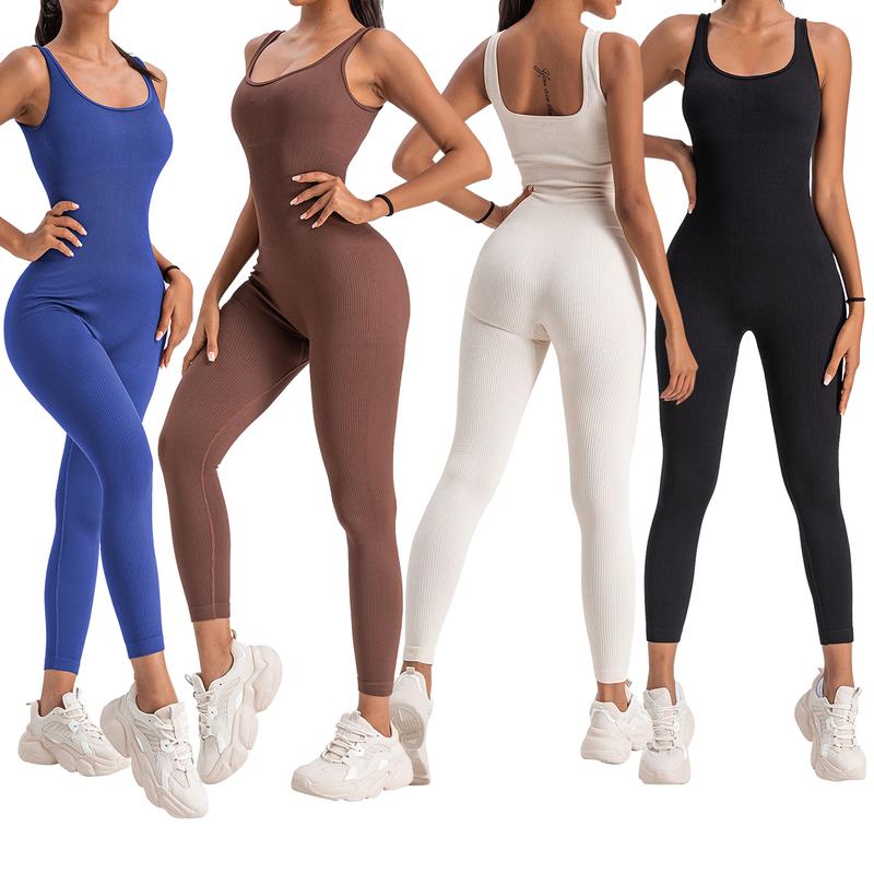 Women's Seamless Ribbed Square Neck Jumpsuit - One Piece Sleeveless Romper for Yoga, Workout, and Sexy Tank Top