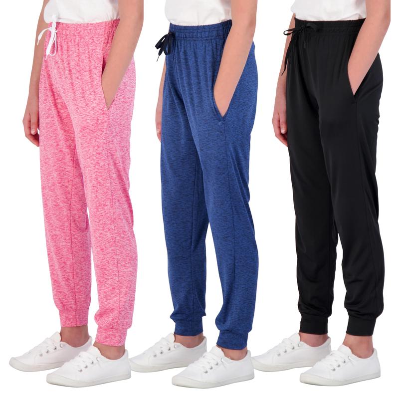 Real Essentials 3 Pack: Girls' Dry-Fit Jogger Sweatpants Soft Active Athletic Kids Joggers with Pockets & Drawstring