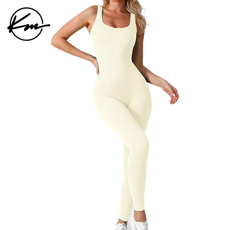 KatchMe Womenswear Solid Color U Neck Seamless Shaping Jumpsuit,Plain Sleeveless Tank,Tummy Control Butt-Lifting Shapewear,Slim-Fitting Sportswear