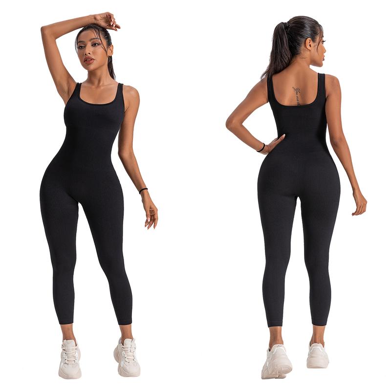 Women's Seamless Ribbed Square Neck Jumpsuit - One Piece Sleeveless Romper for Yoga, Workout, and Sexy Tank Top