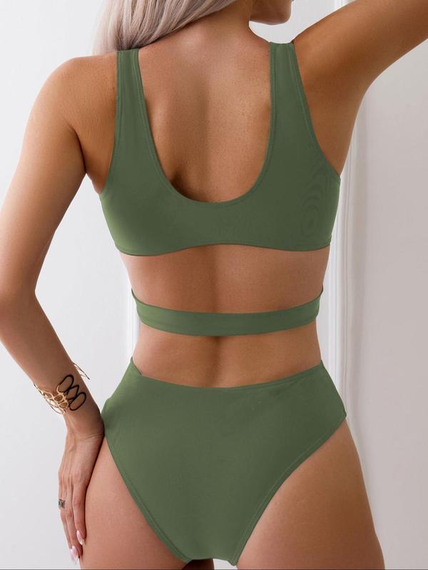 Women's Solid Color Cut Out Ring Linked One Piece Swimsuit, Summer Outfits, Summer Clothes Women, Sexy  Deep V Neck One-piece Swimwear, Ladies' Summer Beach Vacation Back To School Swimsuit, Bathing Suits, Tummy Control Swimwear