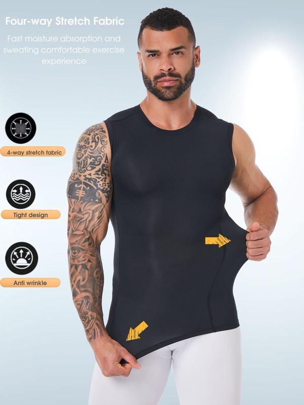 Men's Solid Color Round Neck Compression Shapewear Tank Top, Quick Drying Breathable Sleeveless Shaper Vest, Men's Shapewear for Daily Wear Tummy Shaper Bodysuit