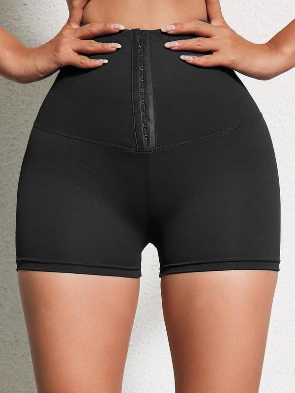 Women's Adjustable Hook & Eye Buckle Front Sports Gym Shorts, Sporty Solid High Waist Short Leggings, Gym Clothes, Ladies Sportswear for Yoga Gym, Summer Biker Shorts