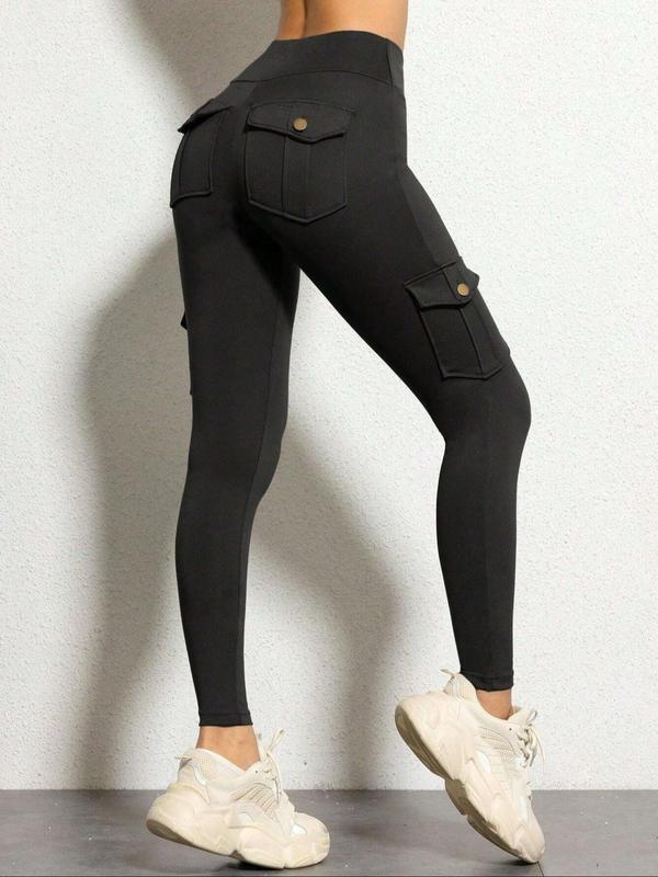 Women's Plain Pocket High Waist Sports Leggings, Casual Comfy Breathable Skinny Pants for Yoga Gym Workout Running, Ladies Sportswear for All Seasons, Women's Tight Pants, Tummy Control