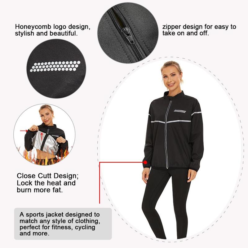 Women's Sauna Suit Designed for Maximum Heat and Sweat, featuring Reflective Silver Logo, Zippered Long Sleeves, and Pleated Details for a Secure and Comfortable Fit - Optimal for Weight Loss and Fitness Goals