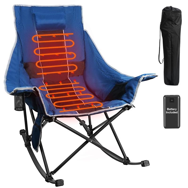 Heated Camping Rocking Chair with Power Bank - 3 Levels Heat for Back+Seat, Padded Rocking Lawn Chair with Pillow, Side Pocket, Carry Bag