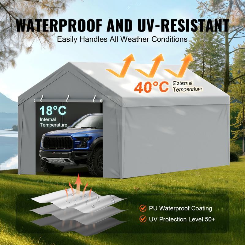 VEVOR Carport Replacement Canopy Cover Top + Side Wall 10 x 20 ft, Garage Tent Shelter Tarp Heavy-Duty Waterproof & UV Protected, Easy Installation with Ball Bungees,White (Frame Not Included)