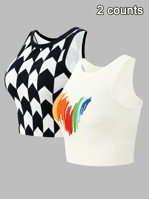 Sporty Women's All Over Print Crew Neck Cropped Sports Vest, Plain Minimalist Casual Comfort Round Neck Sleeveless Sports Crop Tank Top, Workout Gym Yoga Exercise Clothing for Women, Womenswear Tops