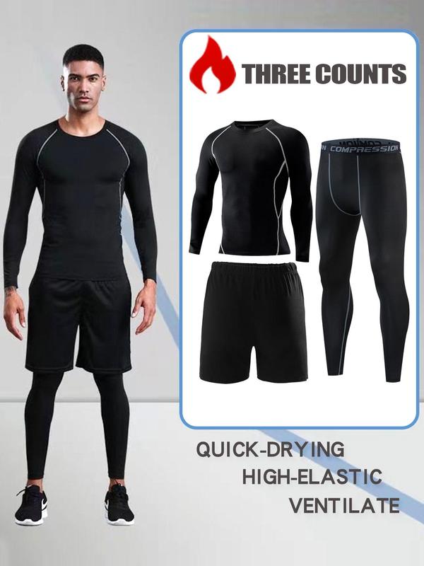 Men's Long Sleeve Compression Top & Leggings & Sports Shorts Three-Piece Set, Breathable Quick Drying Compression Top & Leggings & Sports Shorts, Men's Sportswear Set for Running Basketball Cycling