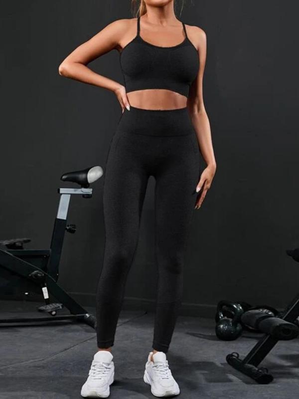 Two-piece Set Women's Solid Criss Cross Backless Crop Tank Top & High Waist Leggings Tracksuit Set, Sporty Casual Breathable Outfits for Yoga Gym Workout Running, Ladies Sportswear for All Seasons, Fall Outfits, Fallfreshness