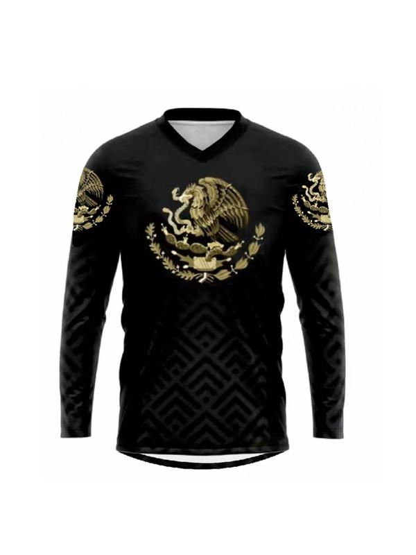 Men's Eagle & Geometric Print Long Sleeve Cycling Top, Regular Fit Sporty Breathable Comfortable V Neck Top for Outdoor Cycling, Fashion Men's Sportswear for All Seasons, Fall Clothes, Fall Tops