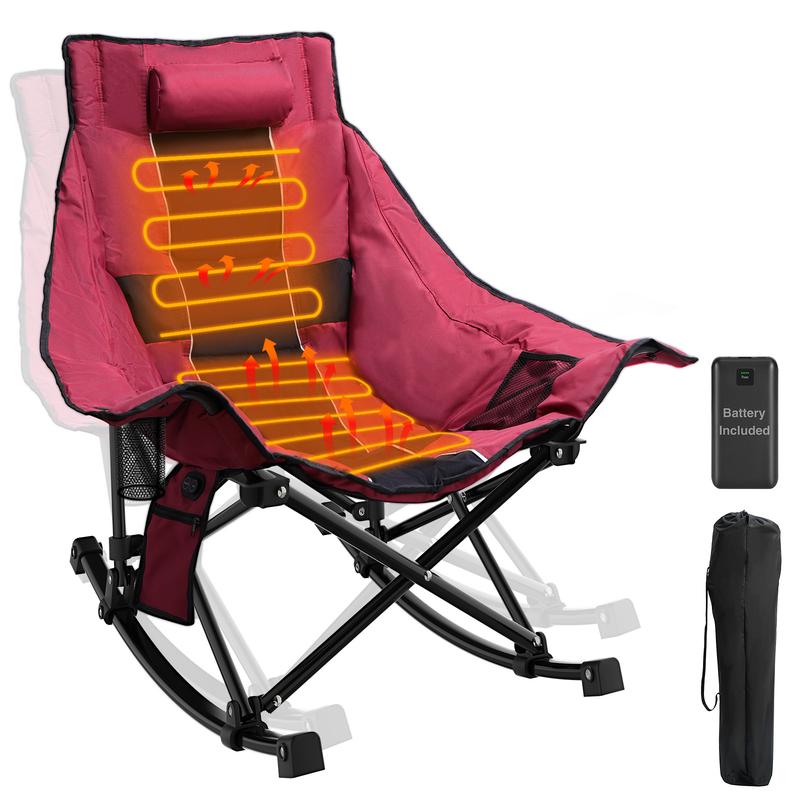 Heated Camping Rocking Chair with Power Bank - 3 Levels Heat for Back+Seat, Padded Rocking Lawn Chair with Pillow, Side Pocket, Carry Bag