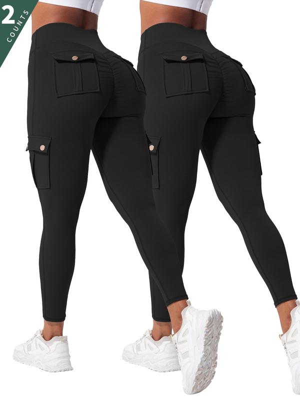 Sporty Women's Solid Color Ruched Flap Pocket High Waist Sports Skinny Outdoor Pants, Casual Comfy Breathable Leggings for Yoga Gym Workout Running, Ladies Sportswear for All Seasons