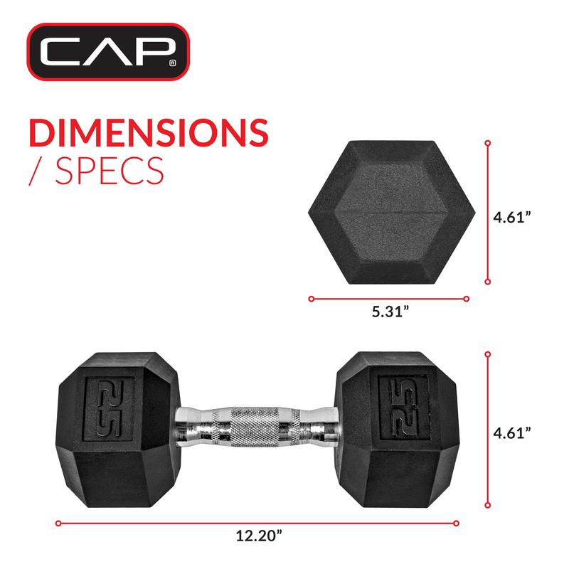 Barbell, 25lb Coated Rubber Hex Dumbbell, Pair