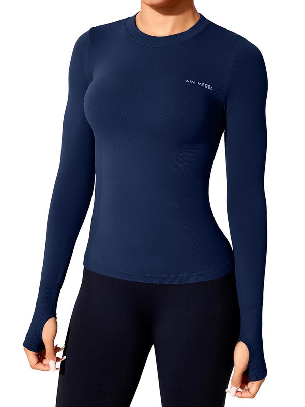 Women's Long Sleeve Baselayer Top, Thumb Hole Design Quick Drying Breathable Comfortable Sports Top for Yoga Gym Workout Running, Ladies Sportswear for Fall & Winter