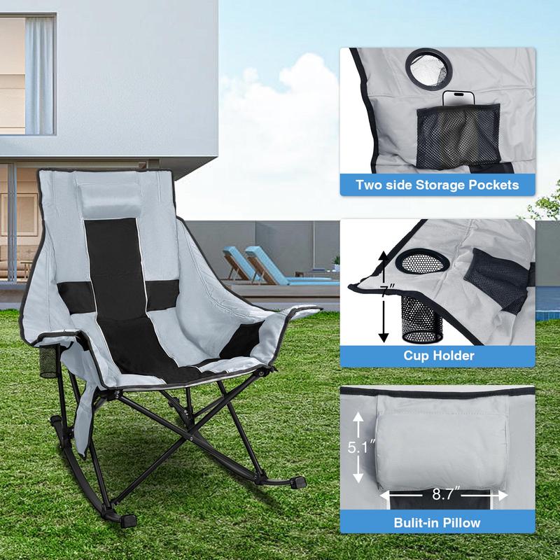 Heated Camping Rocking Chair with Power Bank - 3 Levels Heat for Back+Seat, Padded Rocking Lawn Chair with Pillow, Side Pocket, Carry Bag