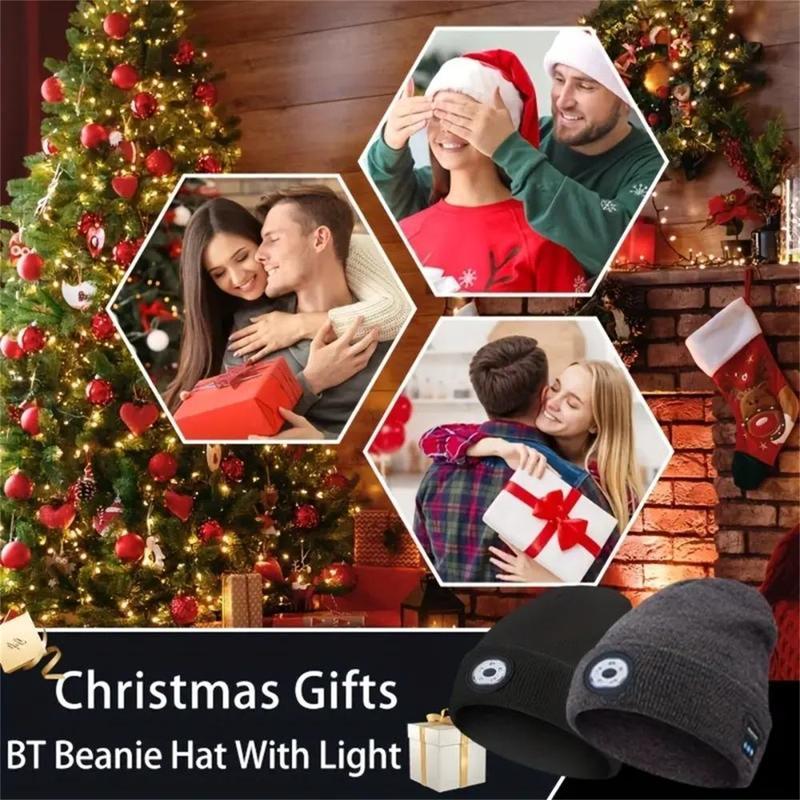 Bluetooth Beanie with LED Headlights & Removable Speakers, USB Rechargeable Knit Warm Winter Hat Balaclava Hat for Music and Calling Sport, Outdoor, Unisex Thanksgiving Gift