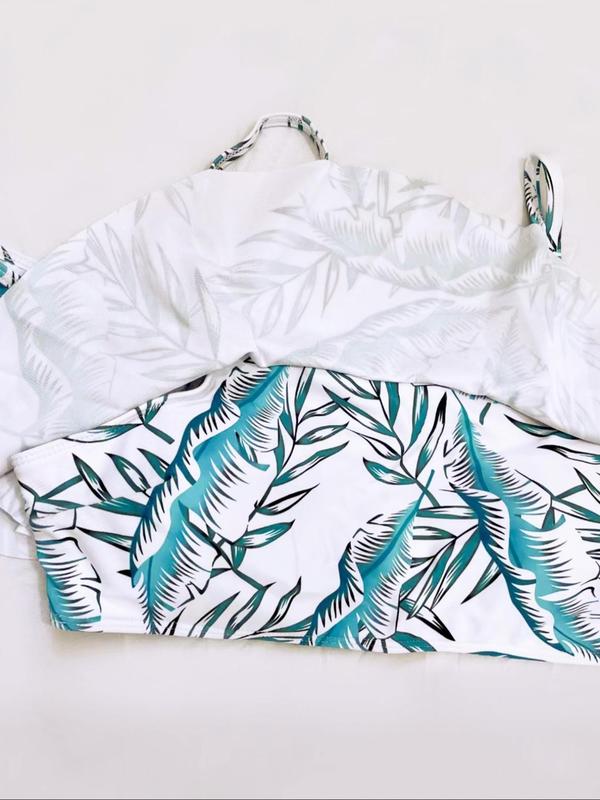 Plus Size Leaf Print Ruffle Hem Bikini Set, Boho Adjustable Strap Crop Top & Pom Pom Decor Shorts, Women's  Swimwear for Summer Beach Holiday Vacation