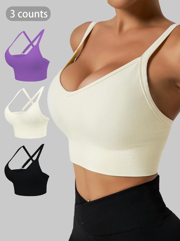 Women's Solid Backless Wireless Sports Bra,  Criss Cross Adjustable Strap Sports Bra for Workout Gym Yoga, Ladies Sportswear for Indoor Outdoor Wear